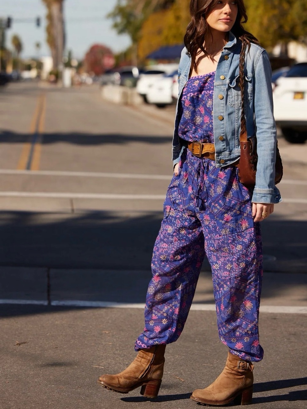 Blue Boheme Purple Floral Printed Jumpsuit with drawstring waist